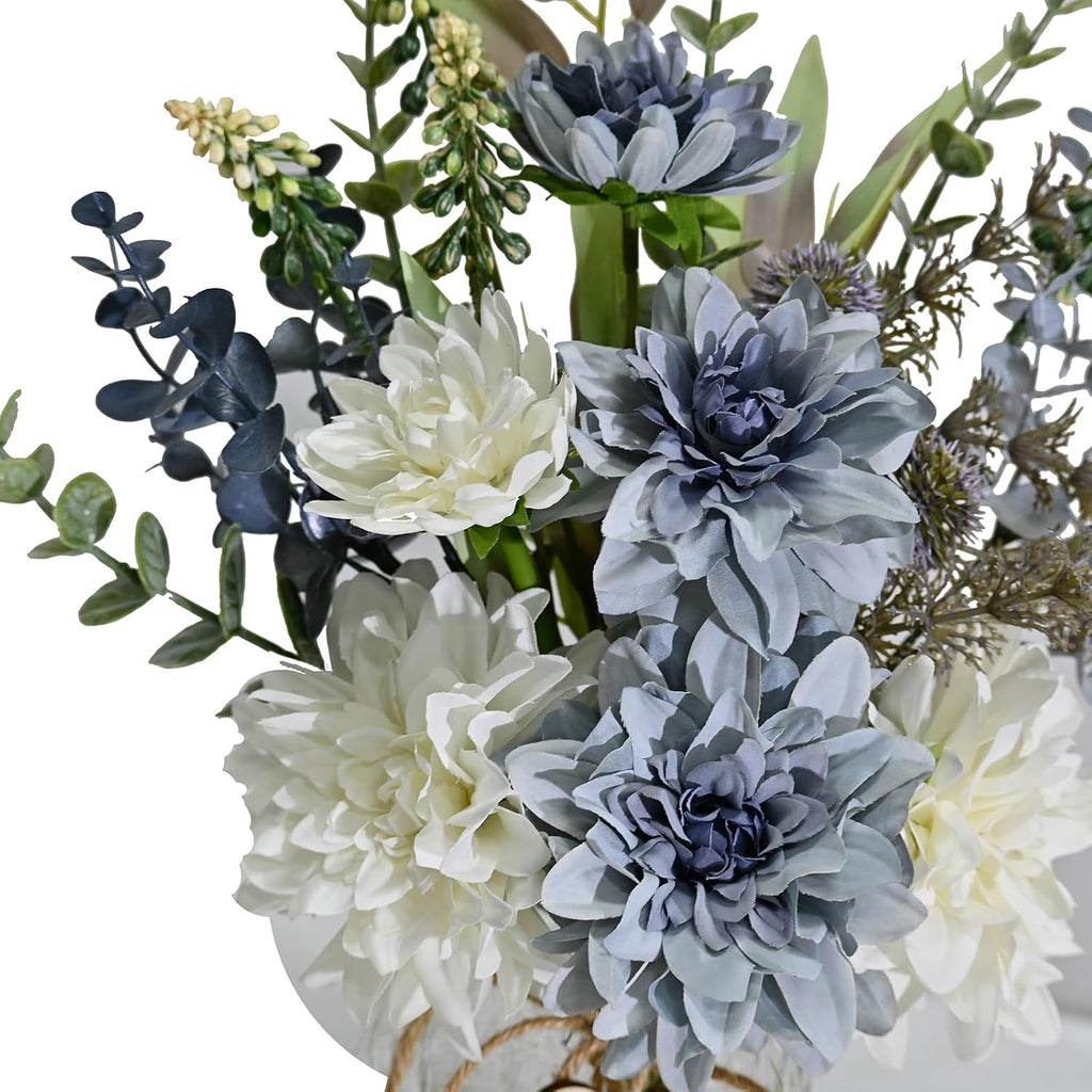 Artificial Flowers with Vase, Faux Dahlia Flower Arrangement in Glass Vase, Blue and White Silk Flowers with