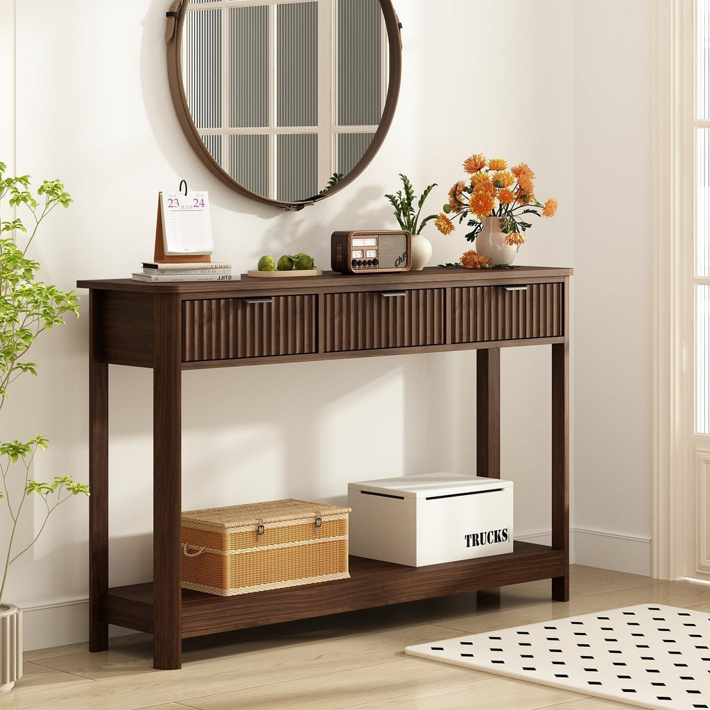 Fluted Wood Console Table with 3 Drawers, Boho Narrow Behind Couch Entryway Table with Open Storage Shelf, Modern