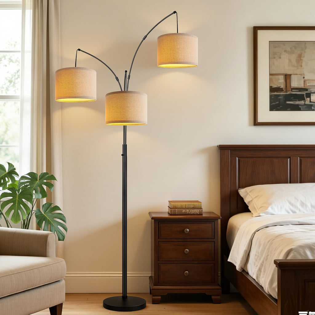Dimmable 3 Lights Floor Lamp - 3000LM Super Bright Arc Floor Lamps, Modern Tall Standing Lamp With Beige Shades