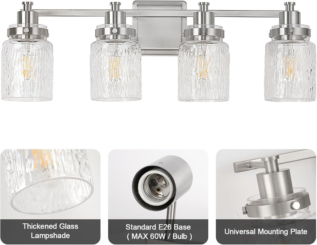 4 Lights Bathroom Light Fixtures Farmhouse Brushed Nickel Vanity Lights Lighting Fixtures Over Mirror with Hammered