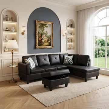 97 inch L-Shape Sofa with Storage Ottoman, Leather Sectional Couch with Right Chaise, Modern 3-Piece Sofa Set
