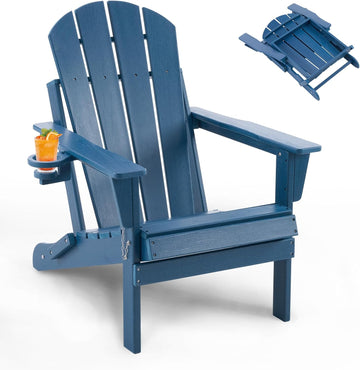Folding Adirondack Chair, Outdoor HDPE Weather-Resistant Patio Chairs with Cup Holders, Plastic Chairs for Outside