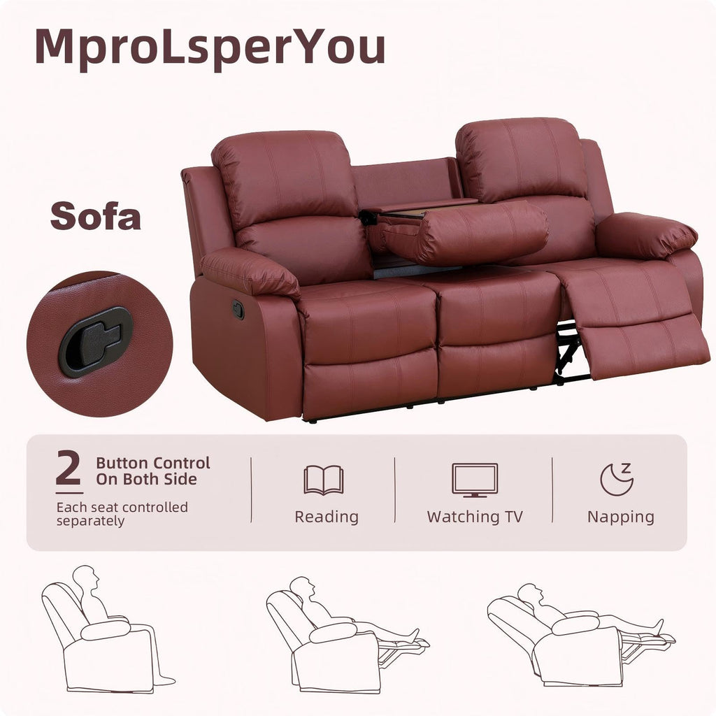Manual Reclining Couch Sofa Set with Drop-Down Table, 3 Pieces Brown Leather Recliner Couch Sets, Living Room