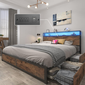 Queen Bed Frame with 2-Tier Storage Headboard, Metal Platform Bed Frame with 4 Storage Drawers