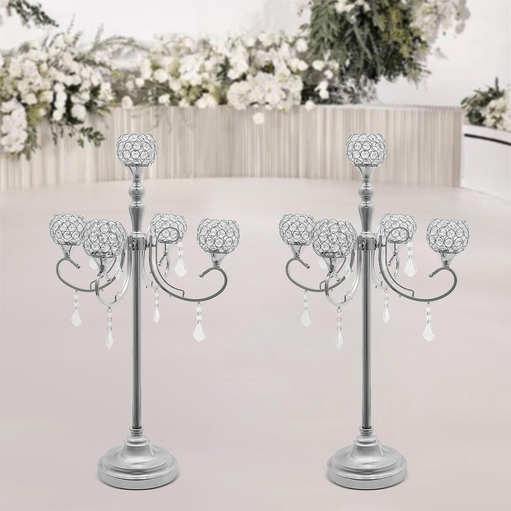 5 Arm Crystal Candelabra Centerpieces, 2 Pack 33.8 Inch Tall Candle Holder, Freestanding Table Candelabra Stand with