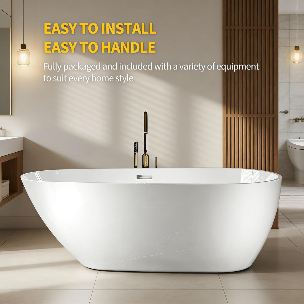 67" Deep Soaking Bathtub, Non-Slip Acrylic Tub with Chrome Drain, cUPC Certified, Ergonomic Modern Bath for Bathrooms