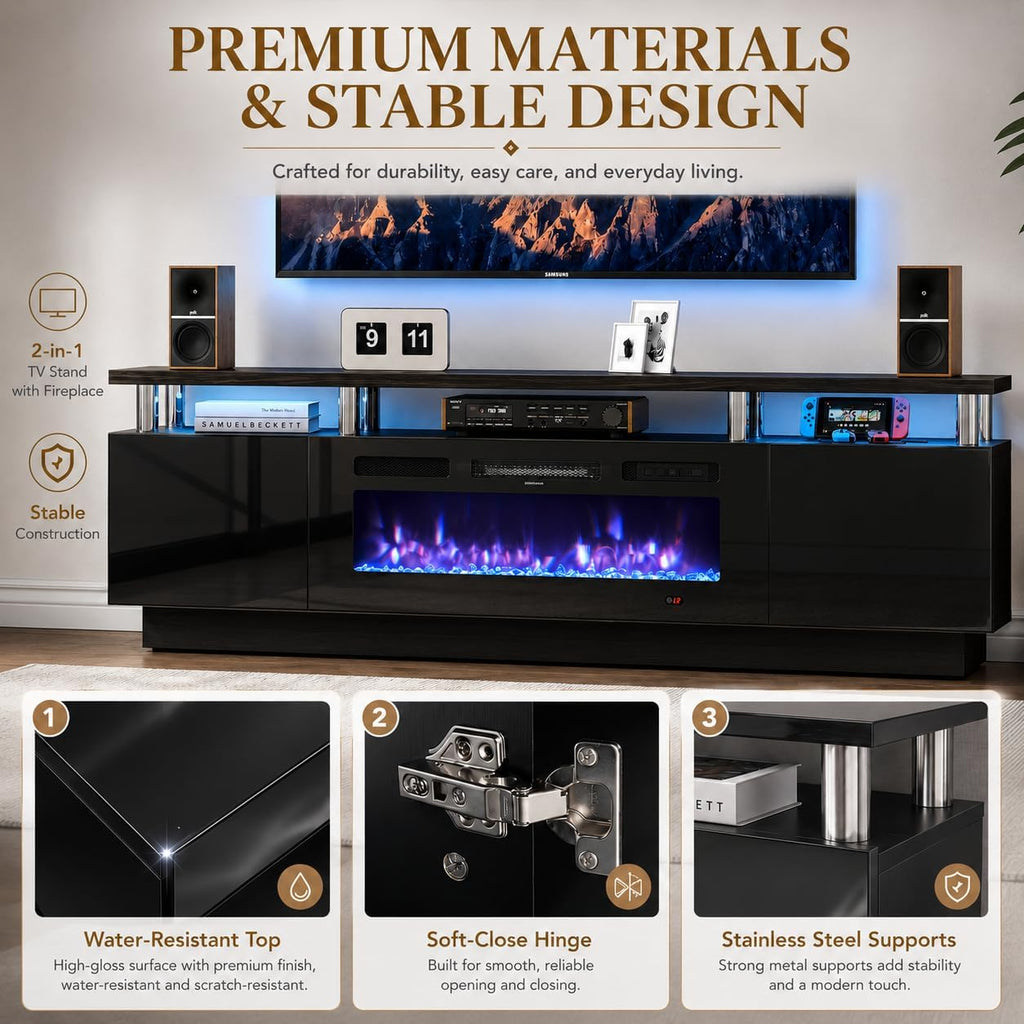 70" TV Stand for Living Room, Modern Entertainment Center & Media Console, Fits TVs up to 80", Storage Cabinet with Shelves, 36" Electric Fireplace with LED Flame (All Black)