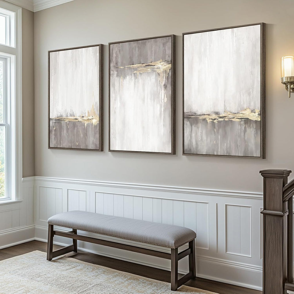 Framed Grey White Abstract Wall Art , 3 Piece Large Gold Neutral Canvas Prints Artwork for Walls, Gray Modern