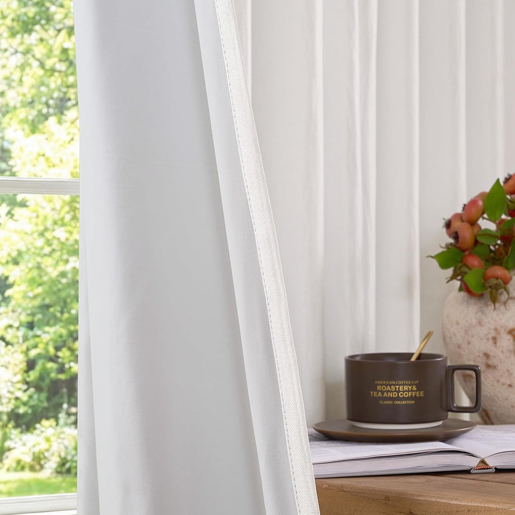 100% Blackout Curtains for Bedroom Decor White Linen Textured Curtains with Liner Insulated Thermal Curtains