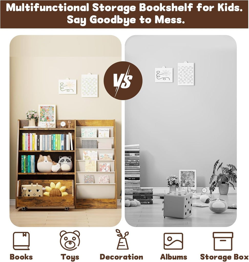 Kids Bookshelf and Toy Storage, 4 Tier Toddler Bookshelf with Movable Drawer (Brown)