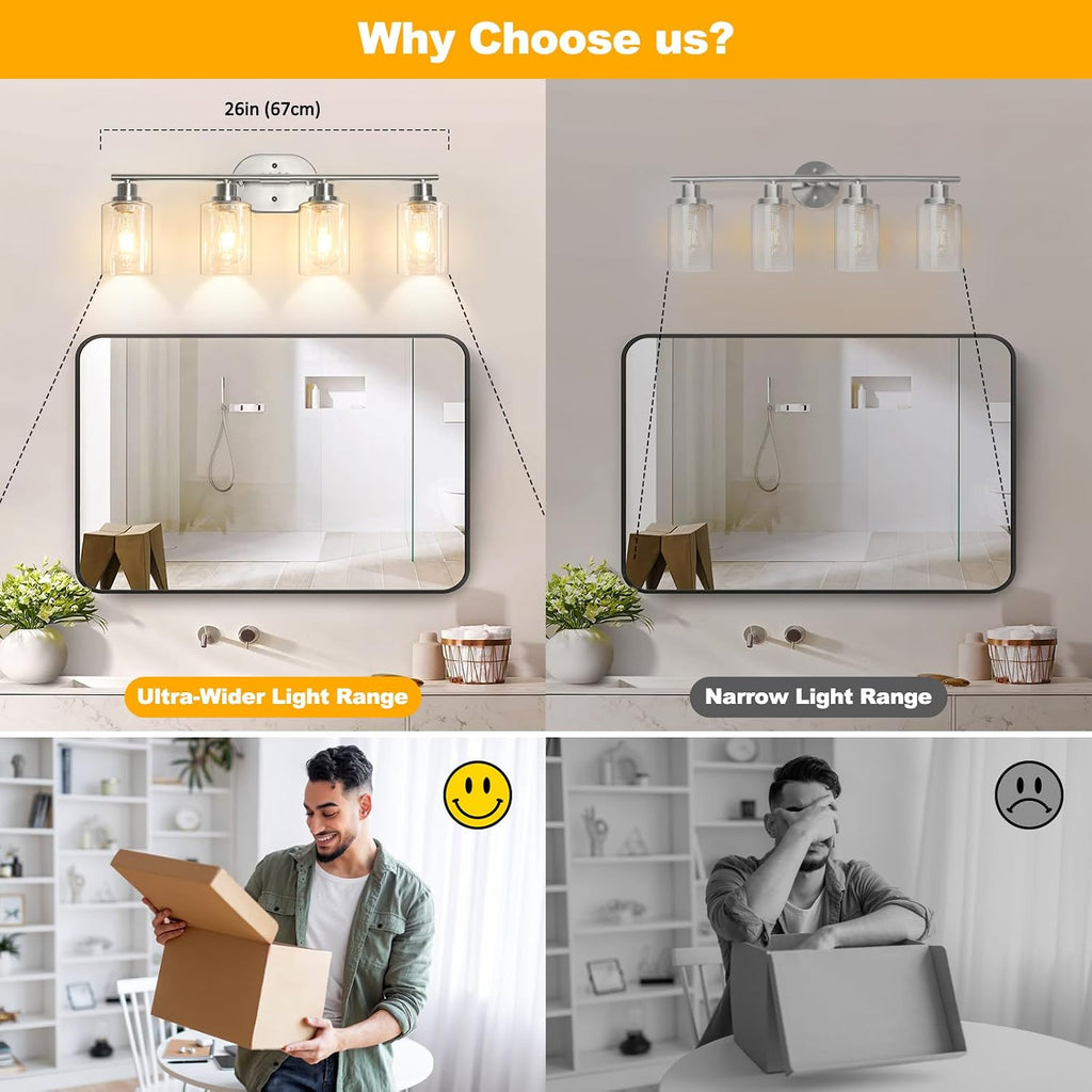 Bathroom Light Fixtures, 4 Light Vanity Lights , Brushed Nickel Wall Lamp with Clear Glass for Mirror, Living Room