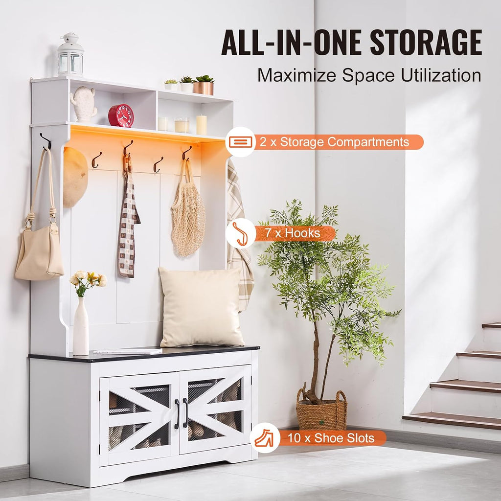 Hall Tree Entryway Bench, LED Coat Rack with Shoe Storage, 42" Wide Mudroom Bench with Storage and Seating