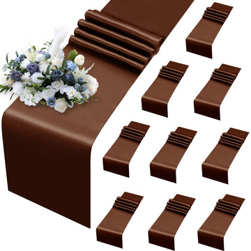 10 Pack Chocolate Brown Satin Table Runners, 12 x 108 Inch Bright Satin Silk Table Runner Smooth Fabric Decorative