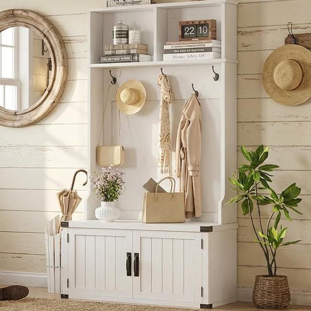 Farmhouse Hall Tree with Bench and Shoe Storage, 77" Tall Entryway Hall Tree w/ 5 Tri-Hooks Coat Rack, Mudroom Rack