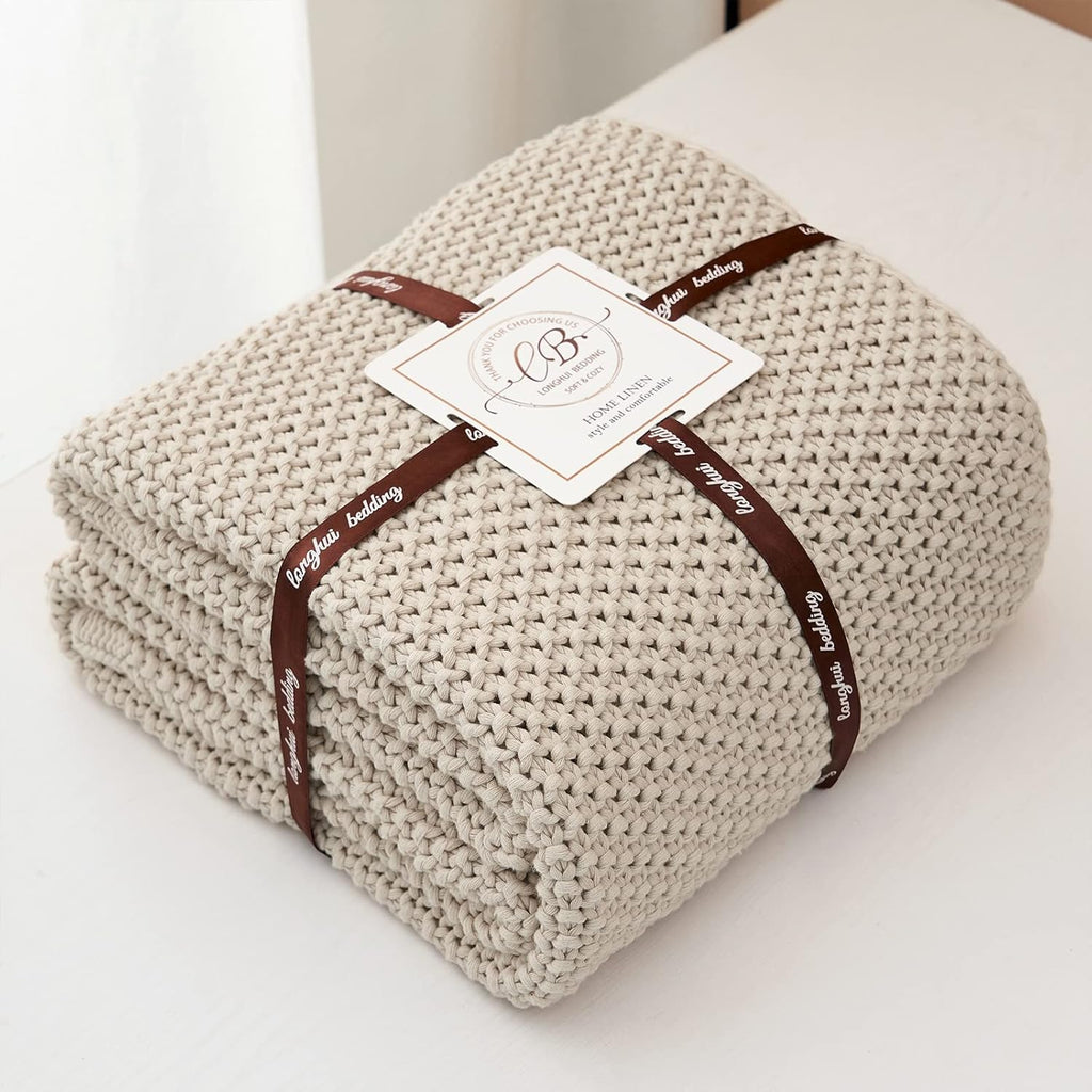 Chunky Cable Knit Throw Blanket Lightweight Beige 100% Organic Cotton Blanket, Rustic Shabby Chic Modern Farmhouse