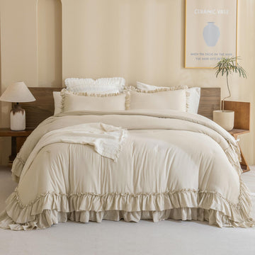 Ruffle Comforter Full Size, Farmhouse Shabby Boho Chic Ruffled Bedding Sets Full, 3PCS Vintage Rustic Soft Microfiber