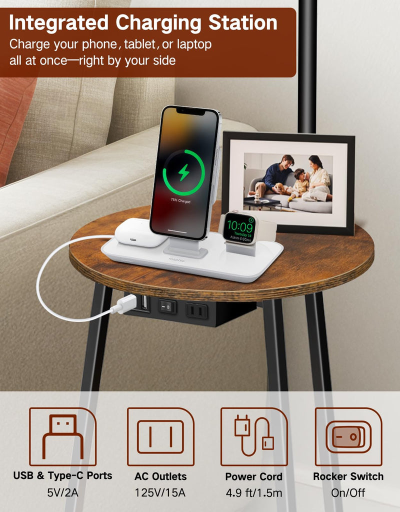 Floor Lamp with Round Table, Dimmable LED Standing Lamp with Remote, 3 Color Temperatures, Side Table with Charging