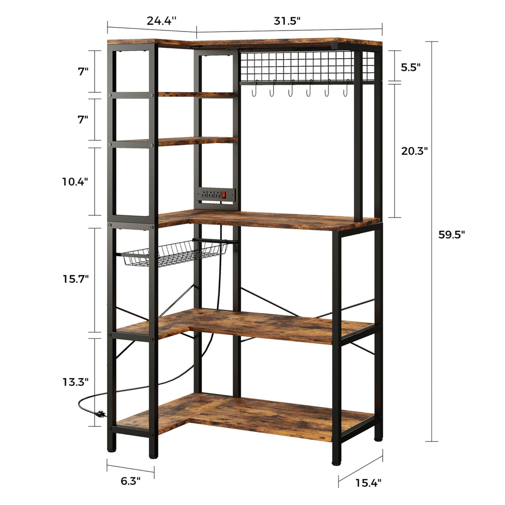 Bakers Rack with Storage, Corner Coffee Bar with Power Outlet