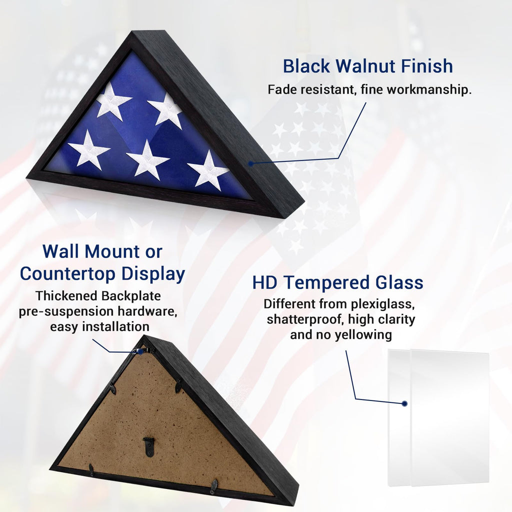 Flag Display Case for 3' x 5' Flag, American Flag Shadow Box with HD Tempered Glass and Wall Mount, Folded Triangle