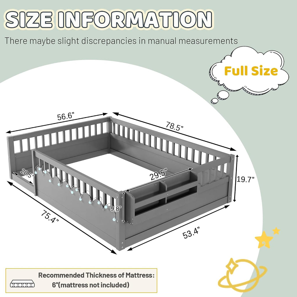 Montessori Floor Bed with High Rails,Full Size Floor Bed Frame for Kids, LED Lights & Storage Shelf, Safe & Wider