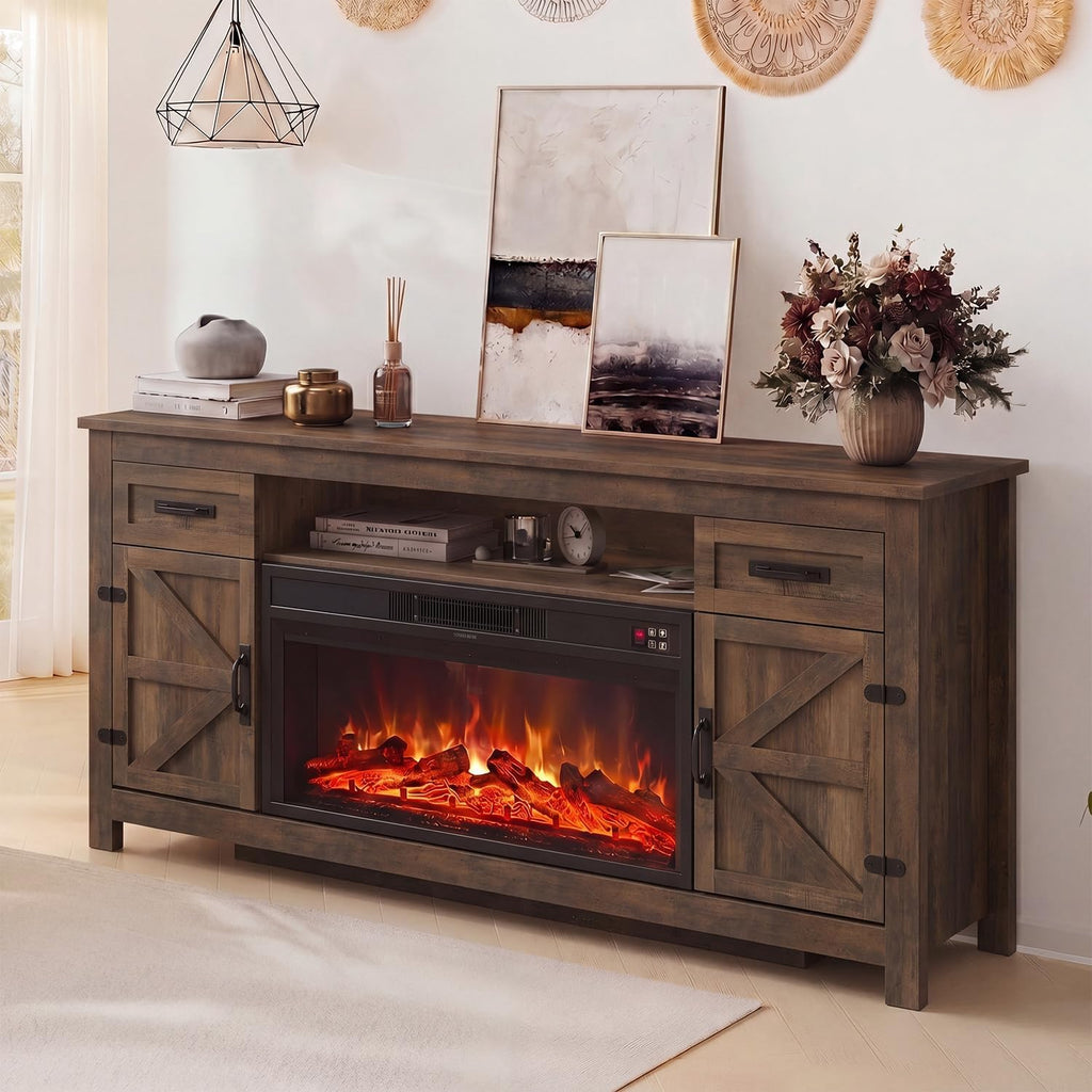 Fireplace TV Stand, 70" Farmhouse TV Stand with Barn Door for 80" TVs, Entertainment Center with Black Fireplace & Storage, Brown