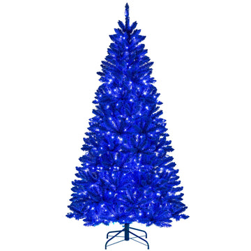 7 FT Pre-Lit Royal Blue Snow Flocked Christmas Tree, Artificial Hinged Xmas Tree with 340 LED Lights, 900 Branch