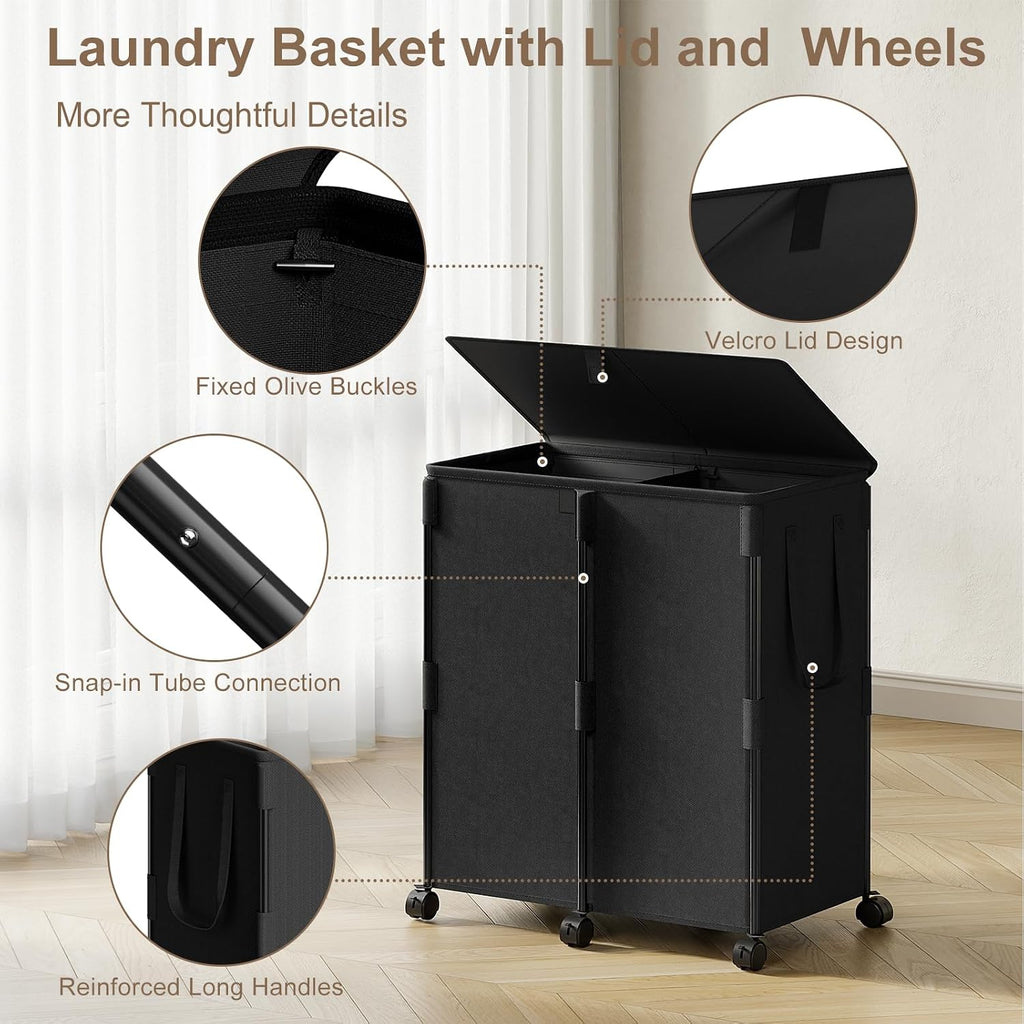 140L Double Laundry Hamper with Lid and 6 Wheels, Rolling Laundry Basket | Metal Frame Laundry Sorter 2 Section with