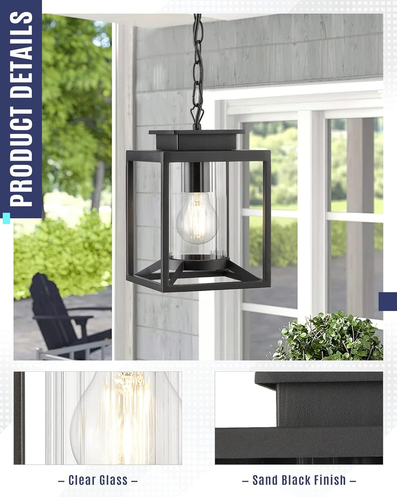 Outdoor Pendant Light for Porch, 1-Light Black Hanging Porch Light Modern Exterior Hanging Lantern with Cylinder