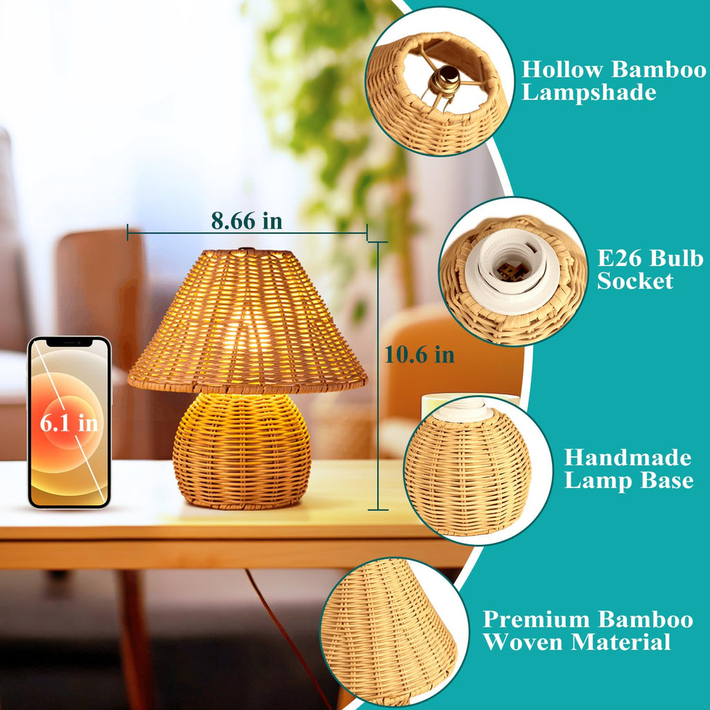 Bamboo Table Lamp Handmade Boho Rattan Bedside Lamp, 3 Colors Adjustable Vintage Wicker Wooden Nightstand Lamp with