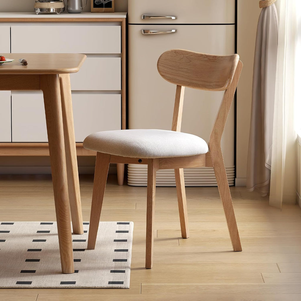 100% Solid Oak Dining Chairs, Mid Century Modern Dining Chair with Curved Backrest, Fabric Upholstered Dining Chairs