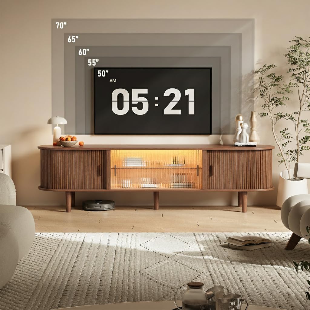 70" Fluted TV Stand with LED Lights for TVs up to 75 Inch, Mid Century Modern Entertainment Center with Sliding Doors