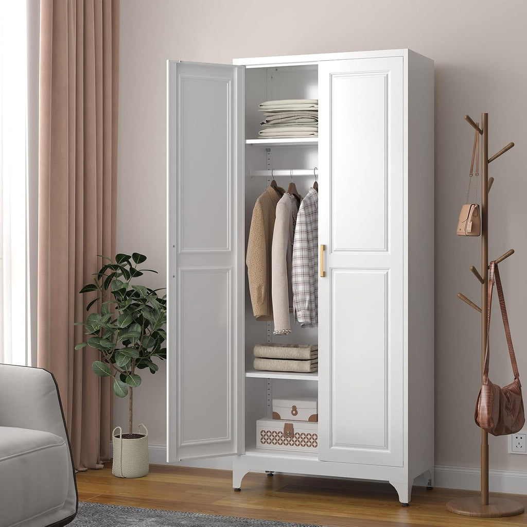 Metal Wardrobe Cabinet,Armoire Wardrobe Closet with Hanging Rod | 71" Freestanding Clothing Storage Cabinet,White