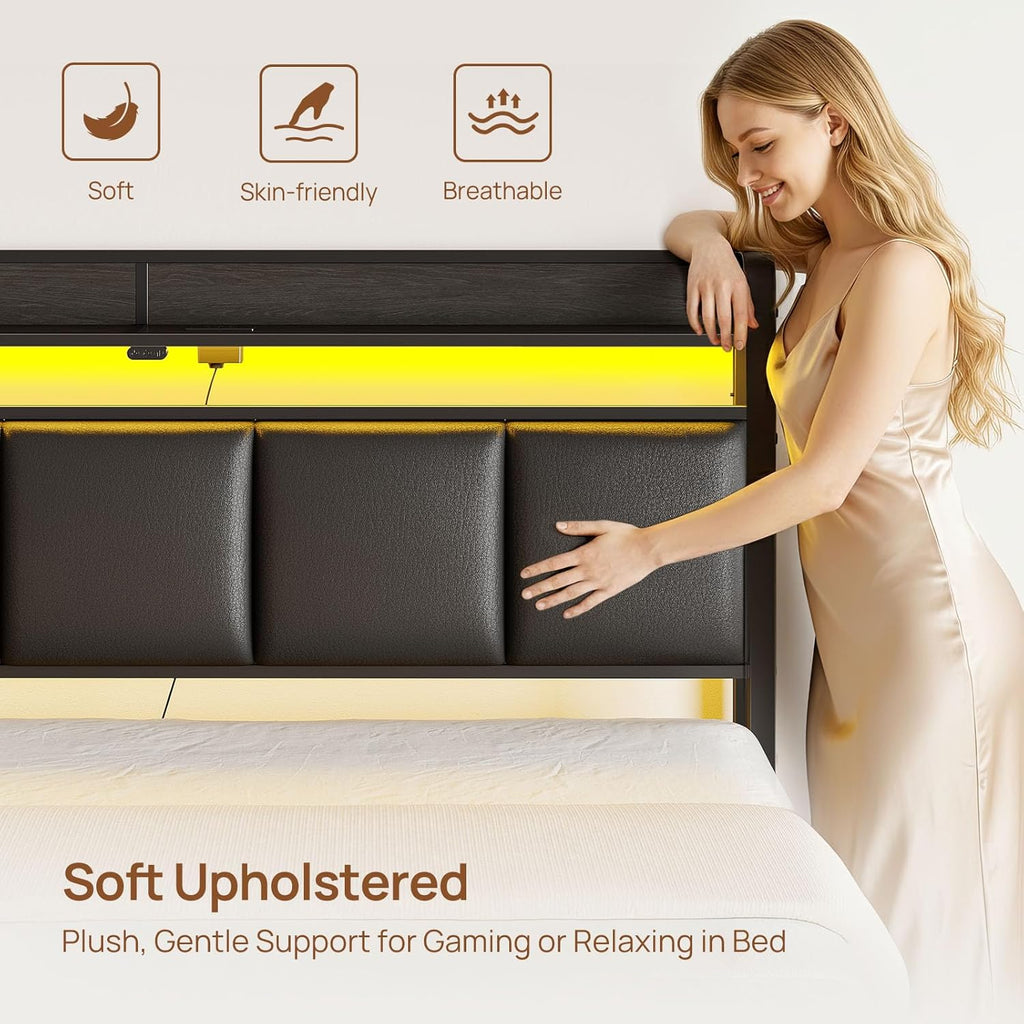 Bed Frame Queen with Charging Station and LED Lights, Upholstered Storage Headboard with Drawers