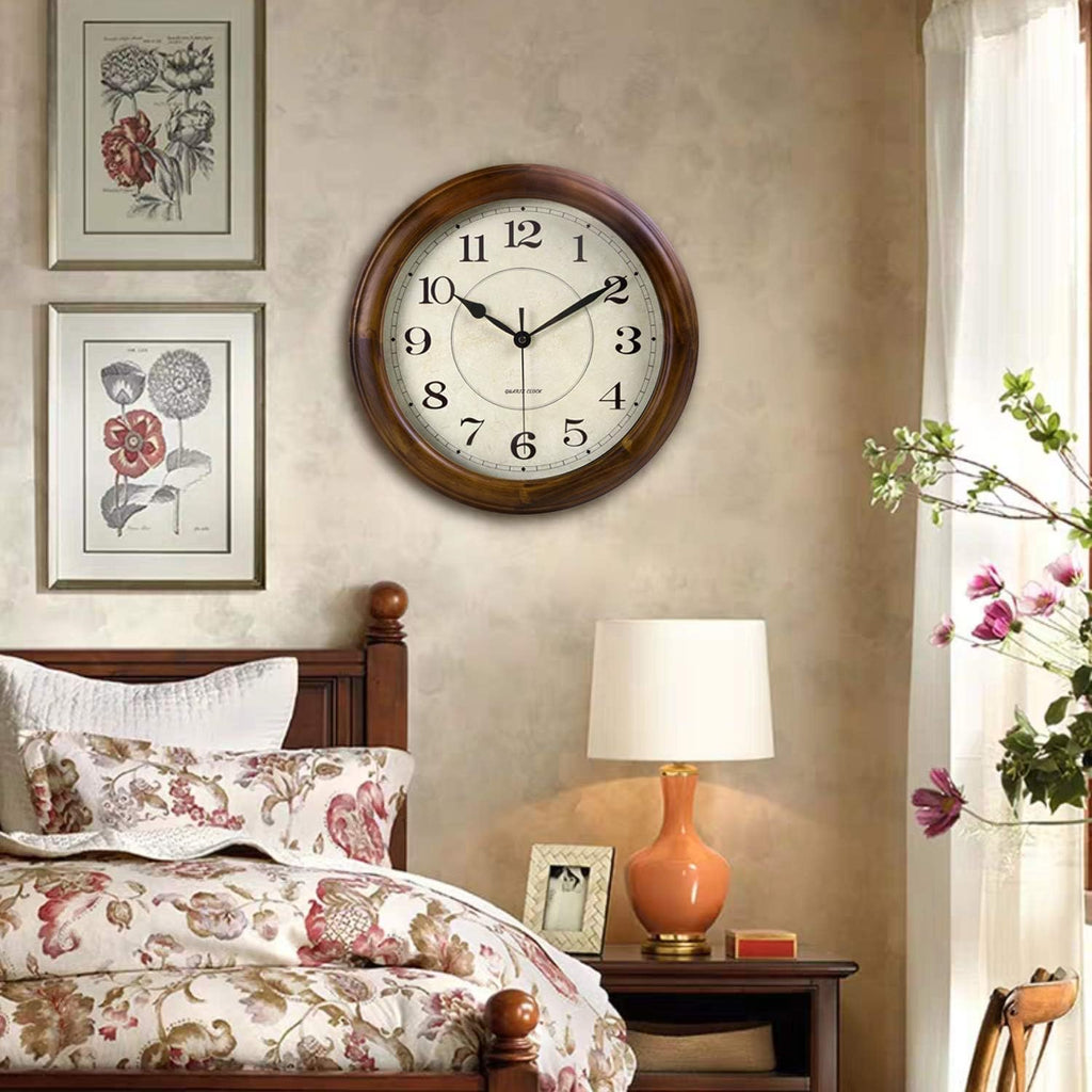Wall Clock Wood 14 Inch Silent Wall Clocks Large Decorative Battery Operated Non Ticking Analog Retro Clock