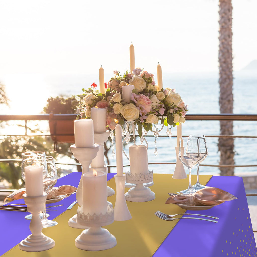 8Pack Disposable Plastic Tablecloths and Satin Table Runner Set Purple and Gold Dot Tablecloth Gold Satin Table