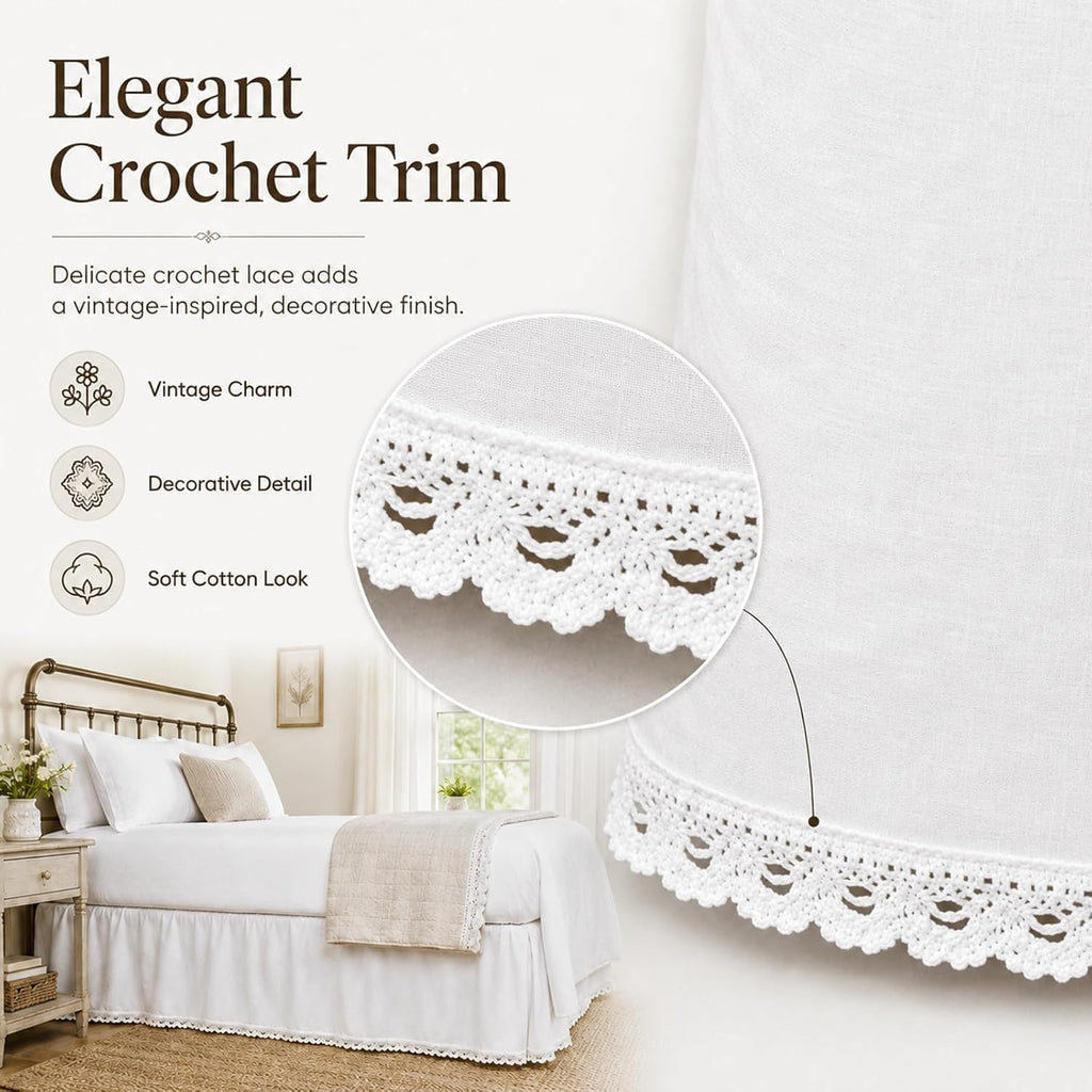 White Bed Skirt Full, 21-Inch Drop, 100% Cotton, Split Corners | Crochet trim dust ruffle in lightweight cotton;