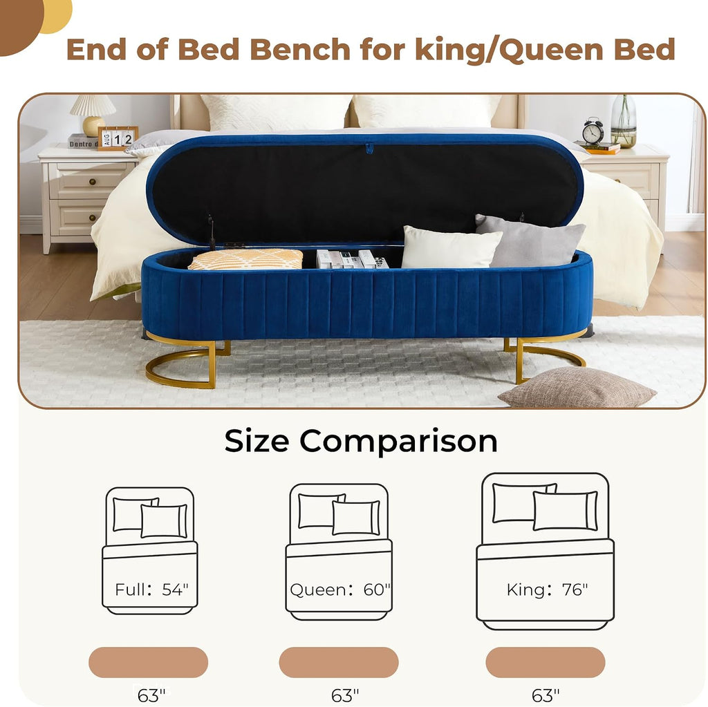 Storage Ottoman Bench, 63" Velvet End of Bed Bench Bedroom Bench King Size with Golden Metal Legs, Upholstered