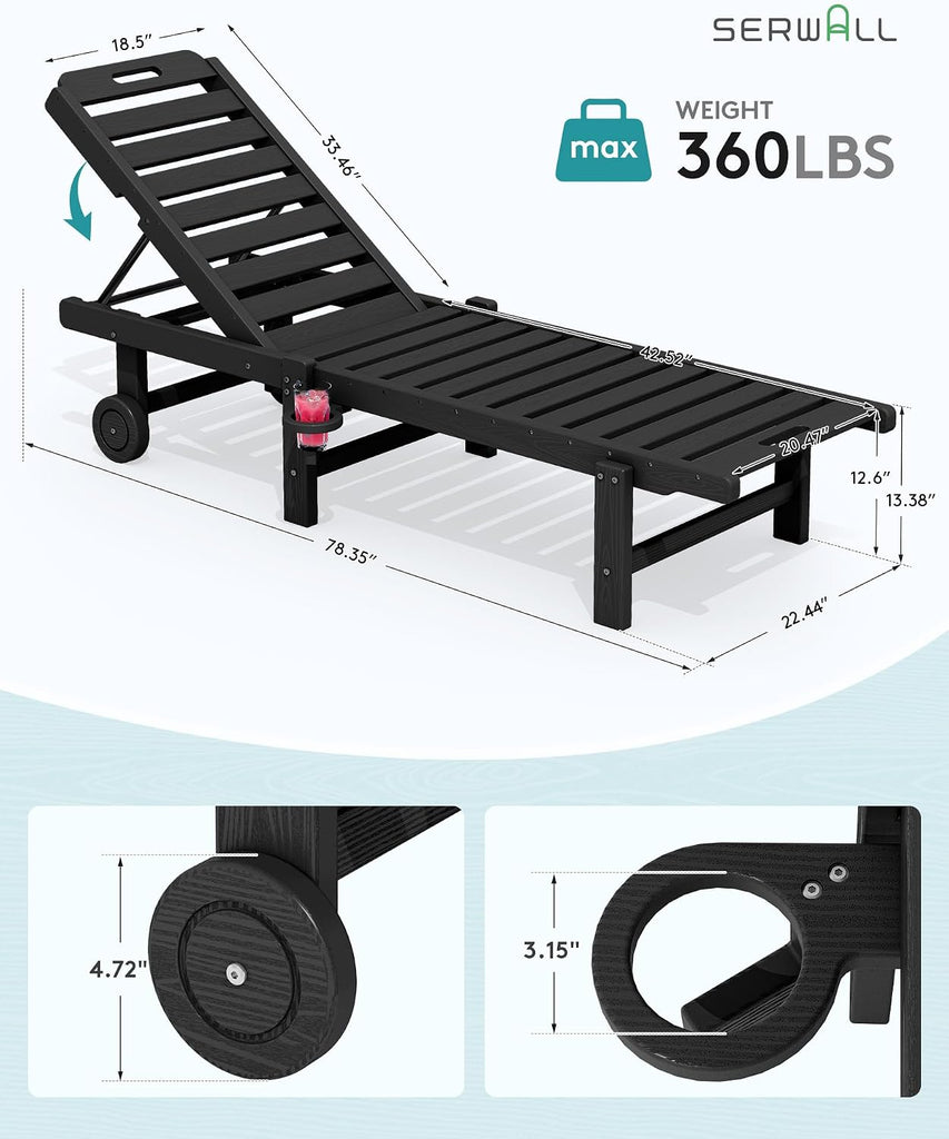 HDPE Outdoor Chaise Lounge Set of 2 with Cup Holder & Wheels, Black | Weather-resistant chaise lounge resists fading