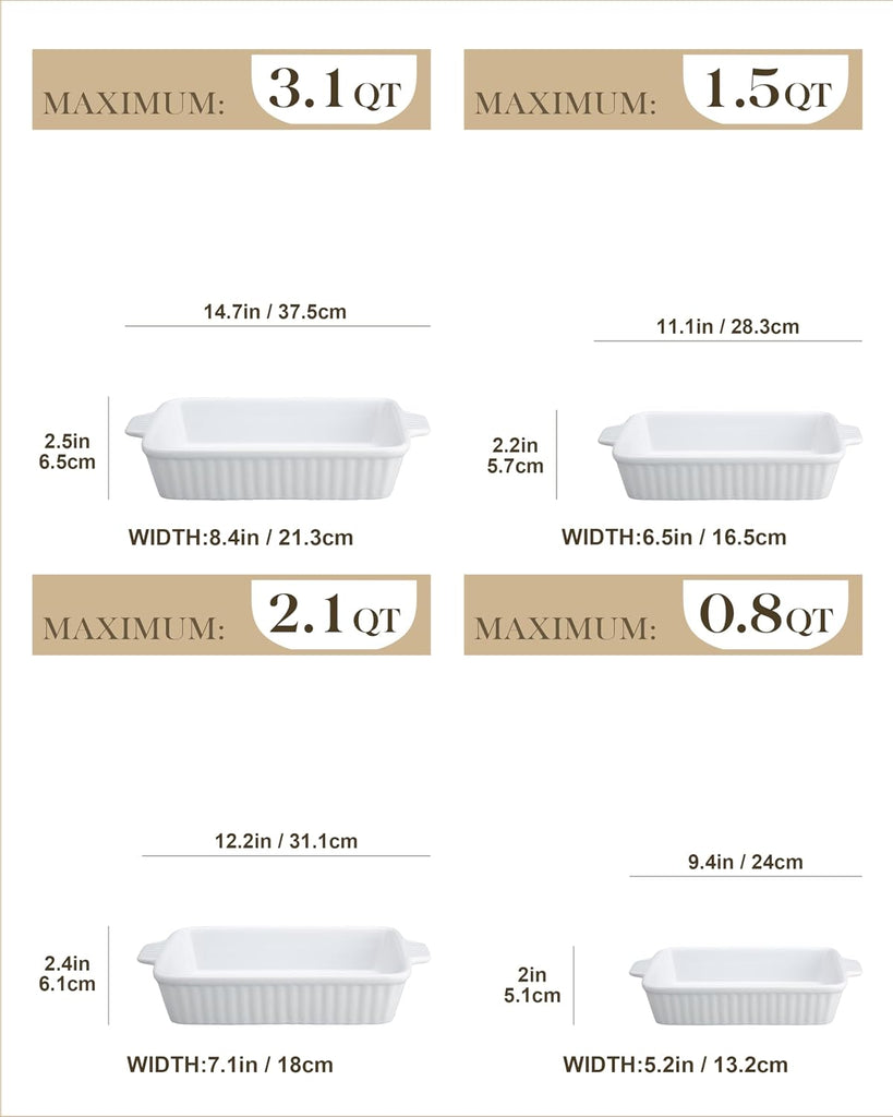 Casserole Dishes for Oven, Ceramic Dishes Set of 4, White | Rectangular Deep Lasagna Pans with Handles for Roasting