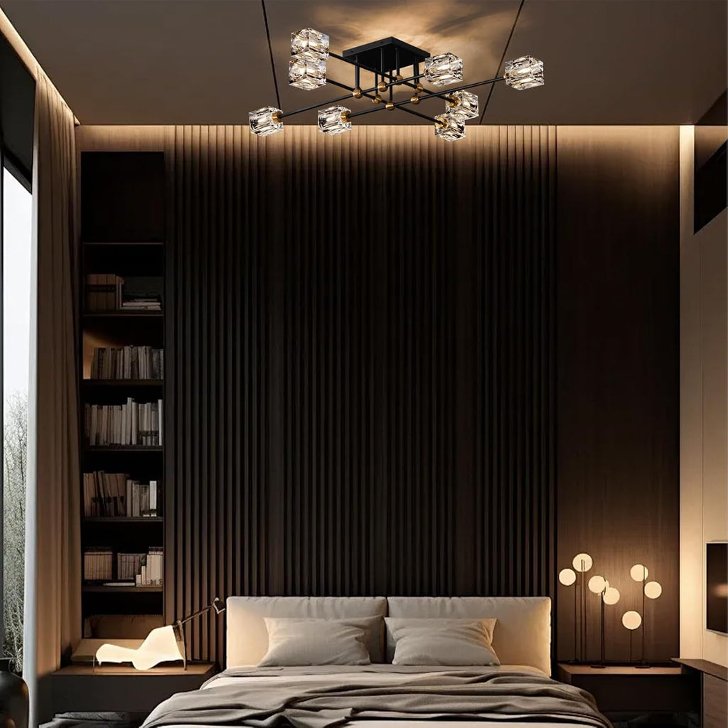 8-Light Crystal Ceiling Light Fixture Black and Gold Semi Flush Mount Ceiling Light Modern Chandeliers for Dining