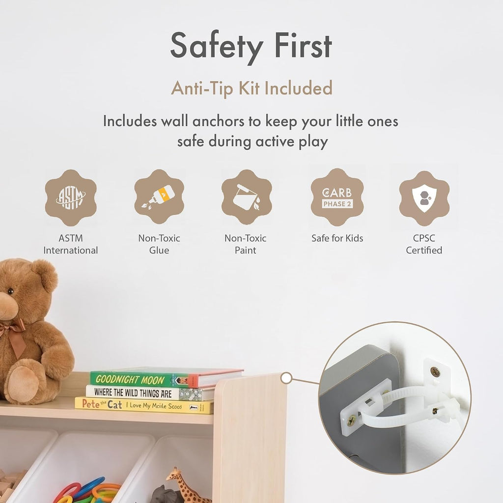 Kids Toy Storage Organizer with Bookshelf, 9 Bins, Solid Wood | Built in side bookshelf, removable bins, solid