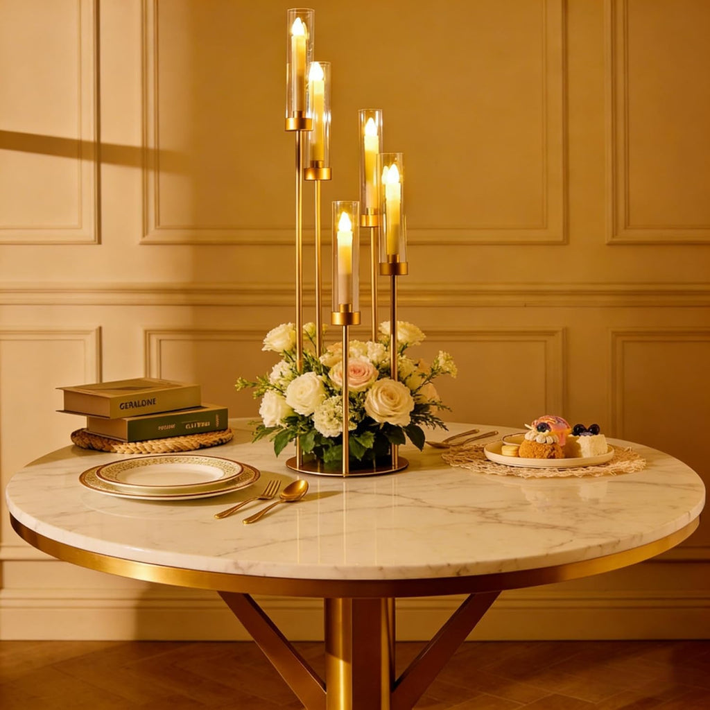 5 Arms Gold Floor Candelabra 42.5'' Floor Candle Holdersor Tall Metal Candlestick Set with Acrylic Lampshades