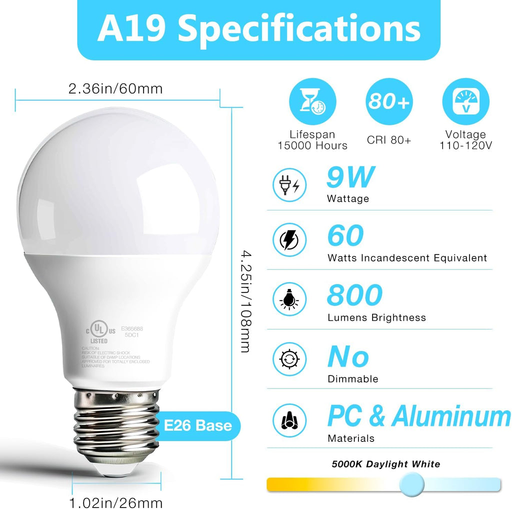 24 Pack LED Bulbs Daylight White 5000K, 60 Watt Equivalent A19 Standard Bulbs, E26 Base, 800 LM, Efficient 9W Energy