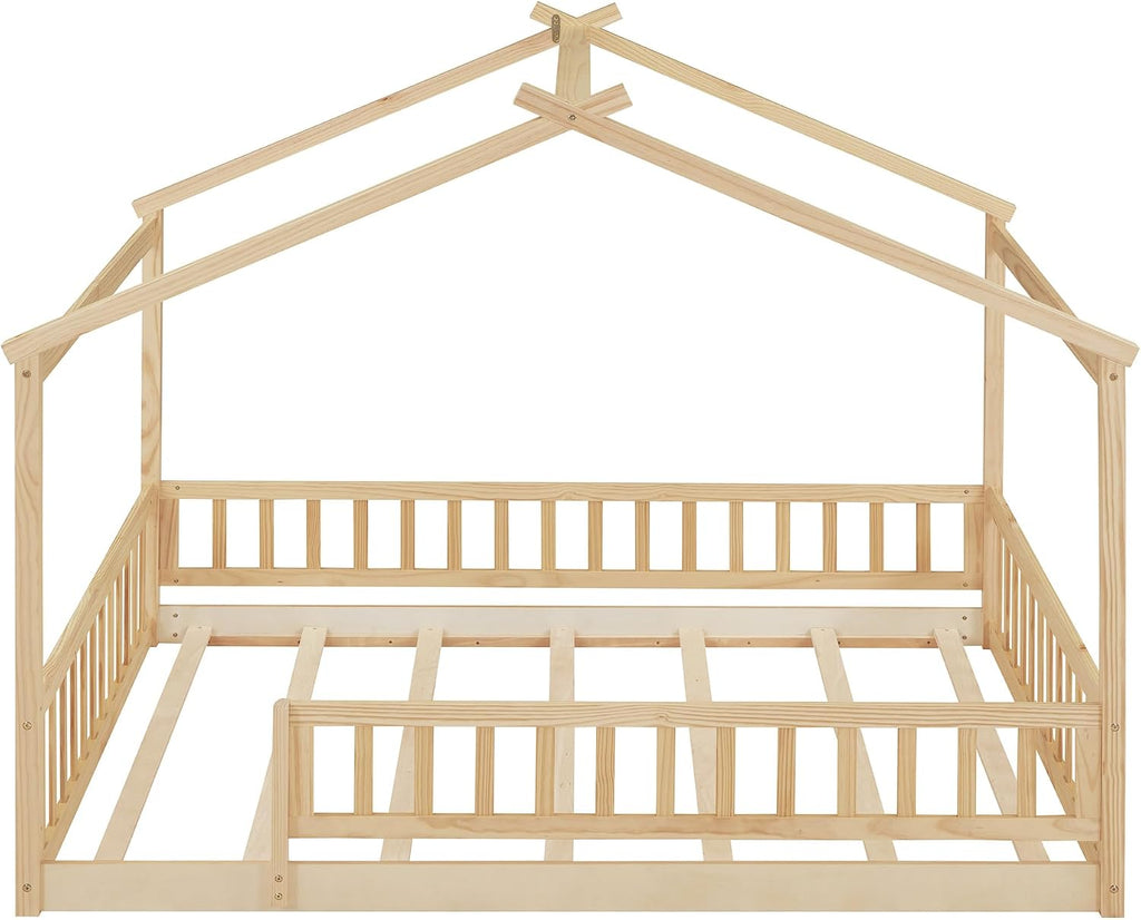 Full Size House Bed Frame, House Beds for Kids, Montessori Floor Bed with Fence, Playhouse for Kids,Full, Natural
