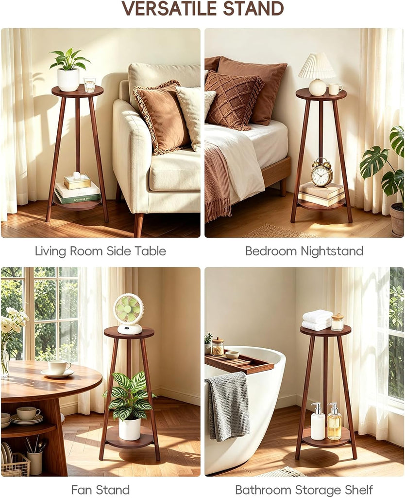 2 Tier Round 12 inch Bamboo Plant Stand Indoor Outdoor,Wood Flower Stand | Mid Century Corner Plant Pot Holder