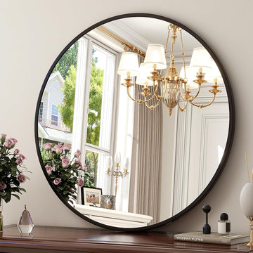 24 Inch Round Mirror - Circle Mirrors Wall Decor, Modern Hanging Vanity Mirror, Matte Black Circle Decorative Wall