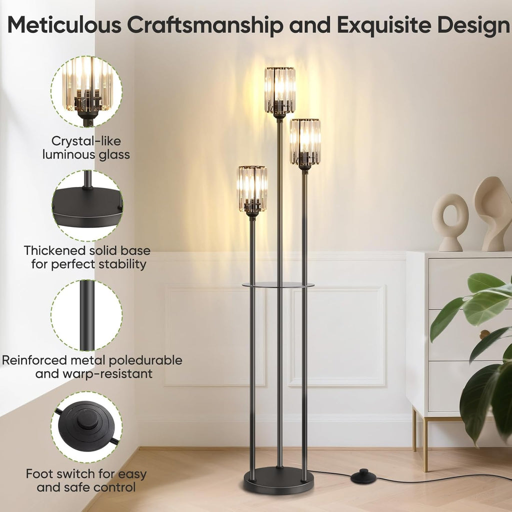 Crystal Floor Lamps, Glass Modern Floor Lamp with Shelves, Mid Century Standing Lamps with Table