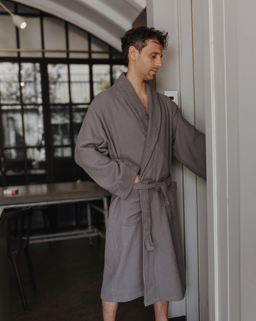 Cotton Waffle Bathrobe, Luxury Spa Hotel Shawl Collar Robe for Women & Men, Plush Terry Inside
