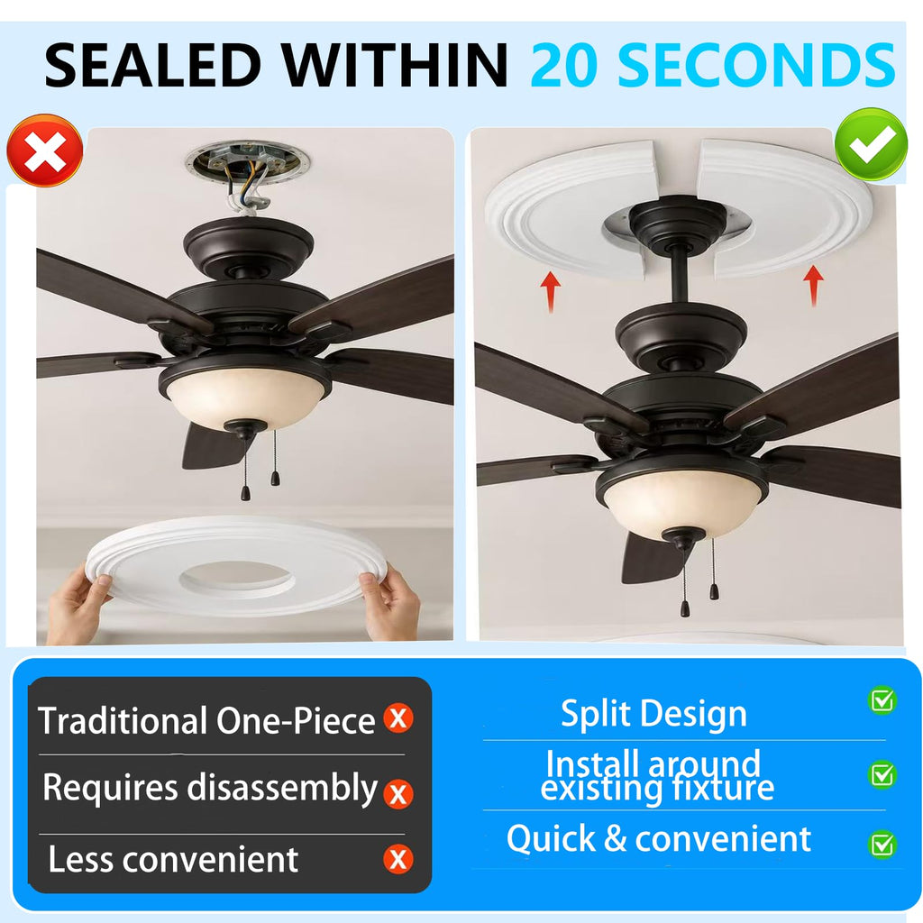 12 Inch Split Ceiling Medallion for Light Fixtures & Ceiling Fans - Decorative PU Round Base Cover Plate for Ceiling