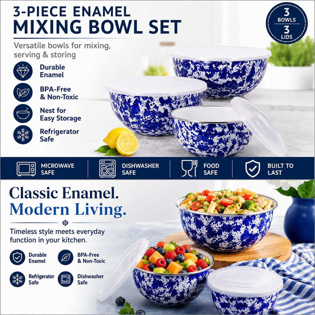 Nested Mixing Bowls with Lids, Set of 3, Cobalt Swirl